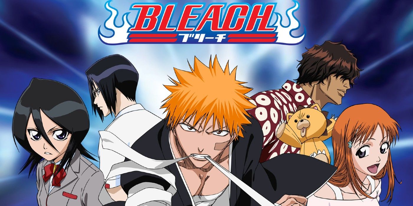 Pantalla de título del anime Bleach 2004 con los personajes principales juntos