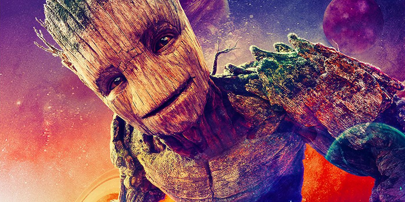 Groot sonríe en un póster de personaje de Guardianes de la Galaxia Vol.  3 (2023) de Marvel Studios.