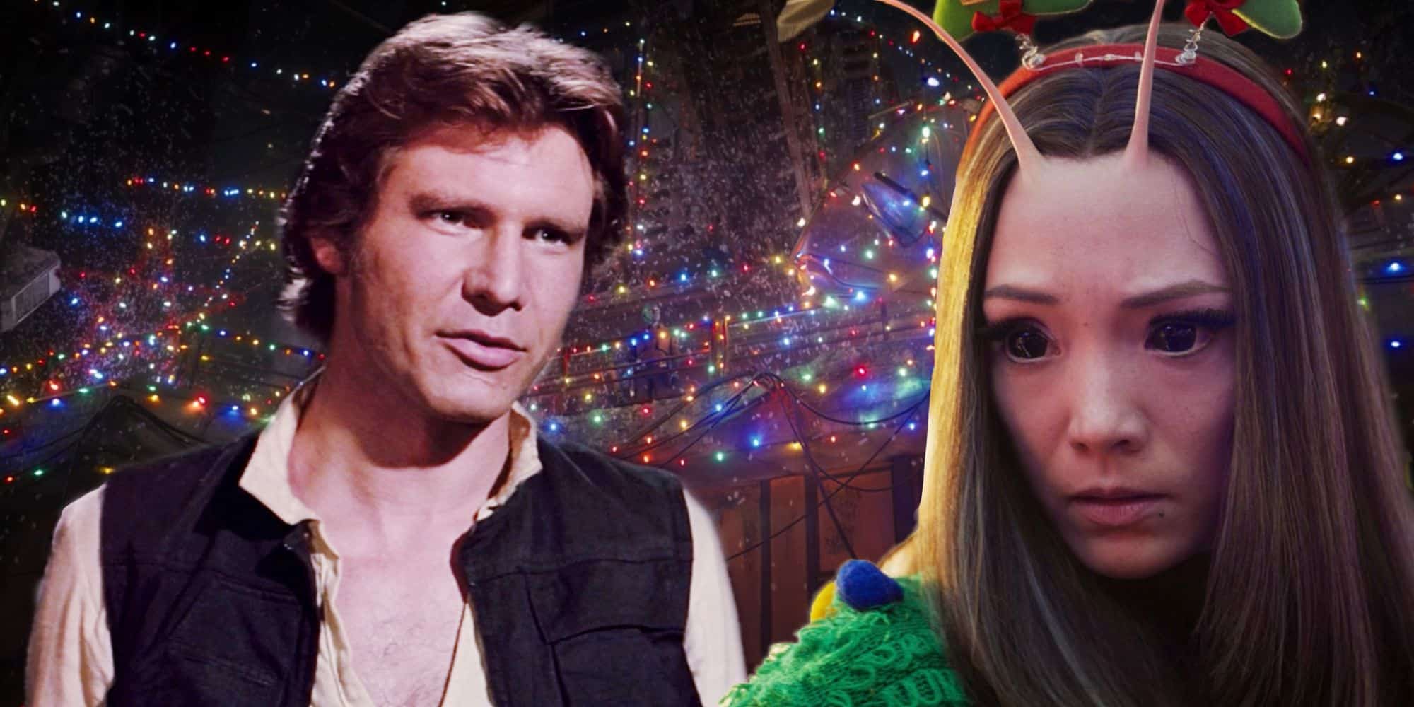 El especial de Navidad de GOTG rinde homenaje a la imagen principal de Low Point de Star Wars con Mantis y Han Solo frente a las luces navideñas.
