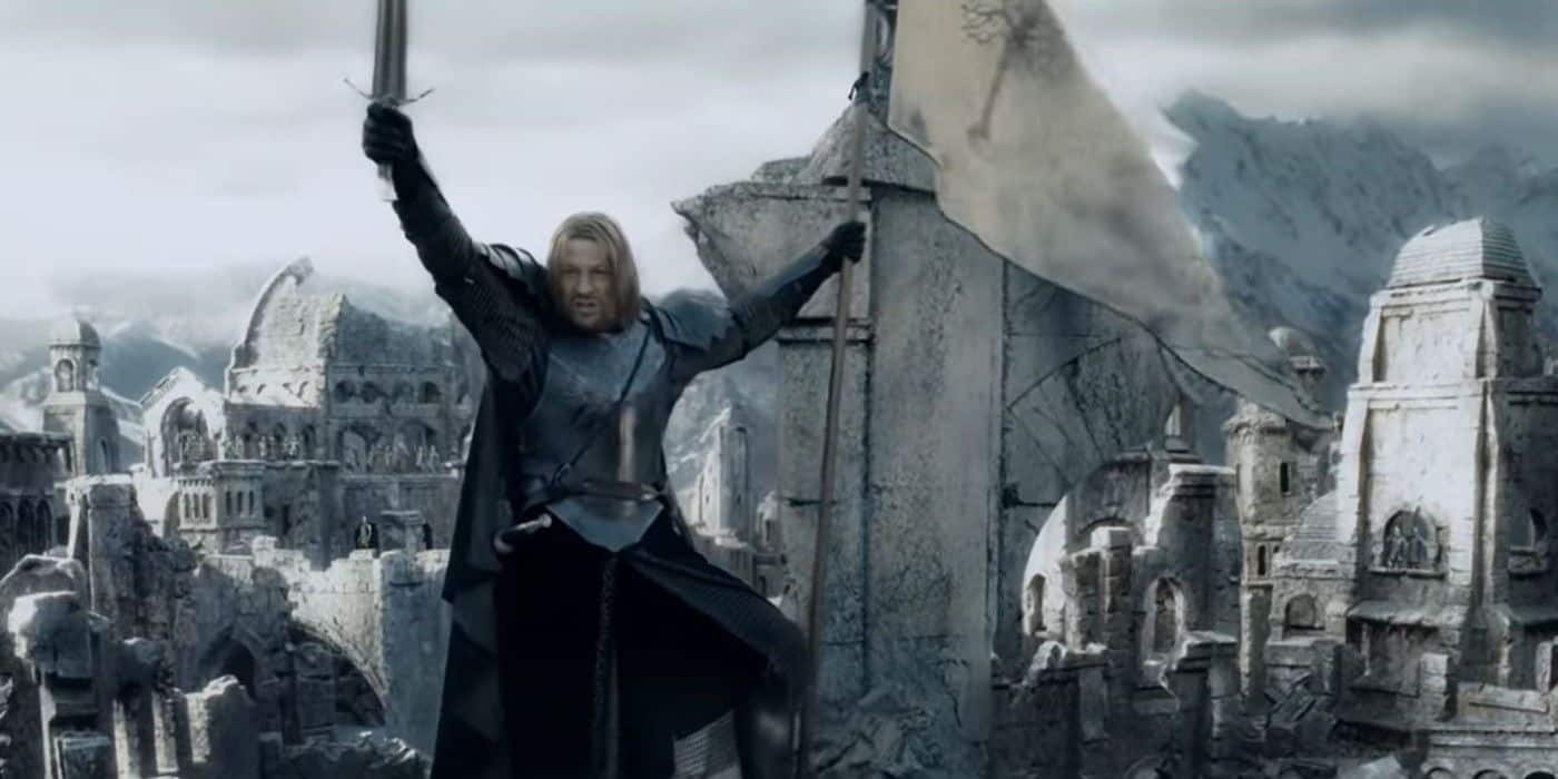 Boromir levanta su espada sobre las ruinas de Osgiliath en El Señor de los Anillos: Las Dos Torres
