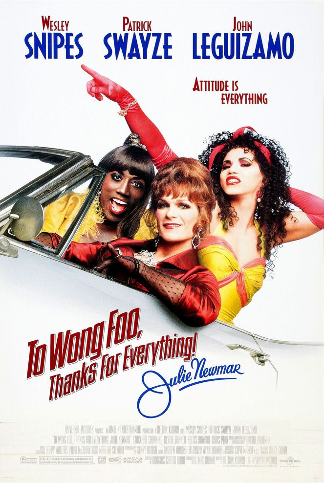 Wesley Snipes, Patrick Swayze y John Leguizamo están juntos en un auto en el cartel de To Wong Foo, Thanks for Everything!  Por Julie Newmar.