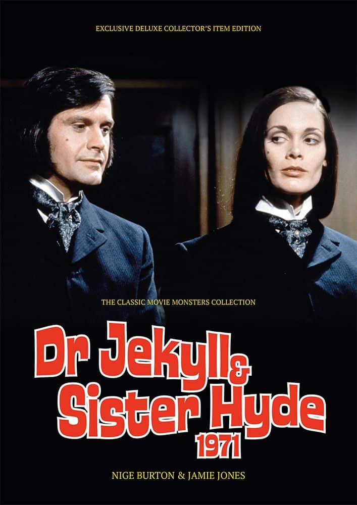La portada de La guía definitiva para el Dr. Jekyll y la hermana Hyde presenta a Martine Beswick como la hermana Hyde y Ralph Bates como el Dr. Henry Jekyll.
