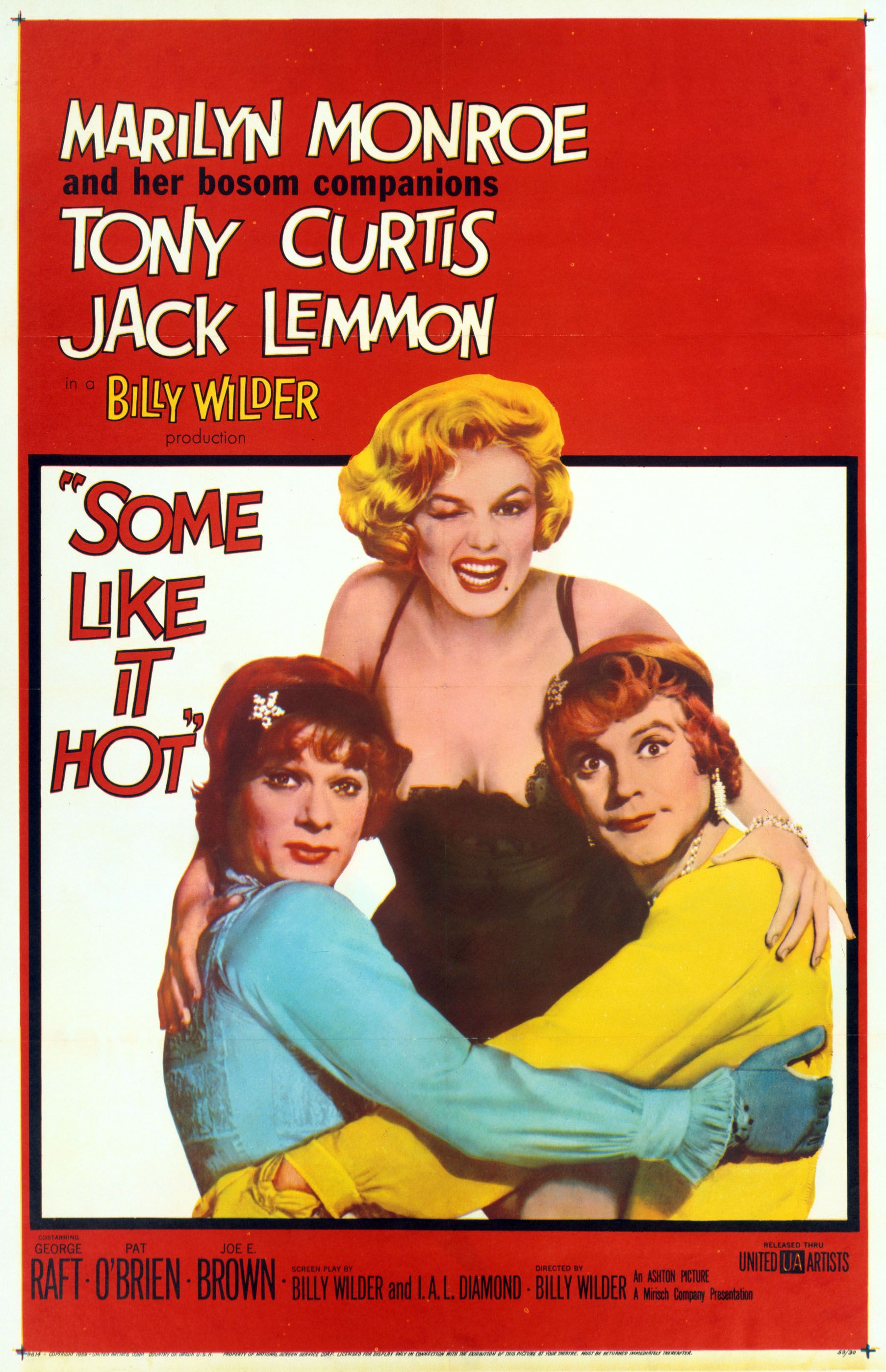 La portada de Some Like It Hot presenta a Marilyn Monroe como Sugar Kane, Jack Lemmon como Daphne y Tony Curtis como Josephine.