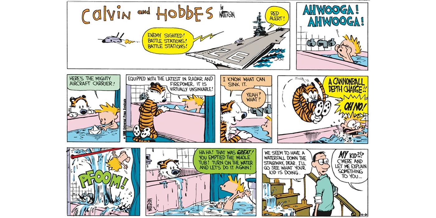 Calvin y Hobbes hacen que la bañera inunde el baño y el piso de arriba en Calvin y Hobbes.