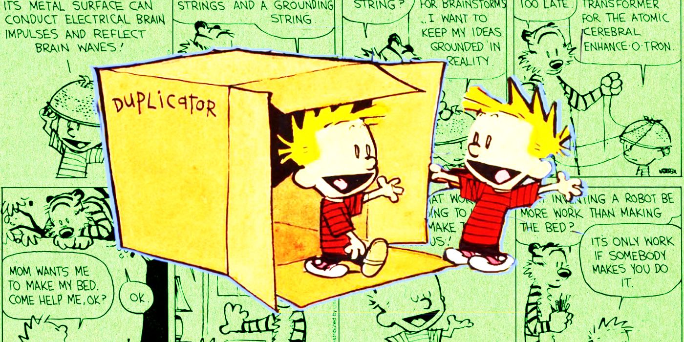 Un collage de Calvin usando su máquina duplicadora sobre sí mismo y haciendo otros inventos.