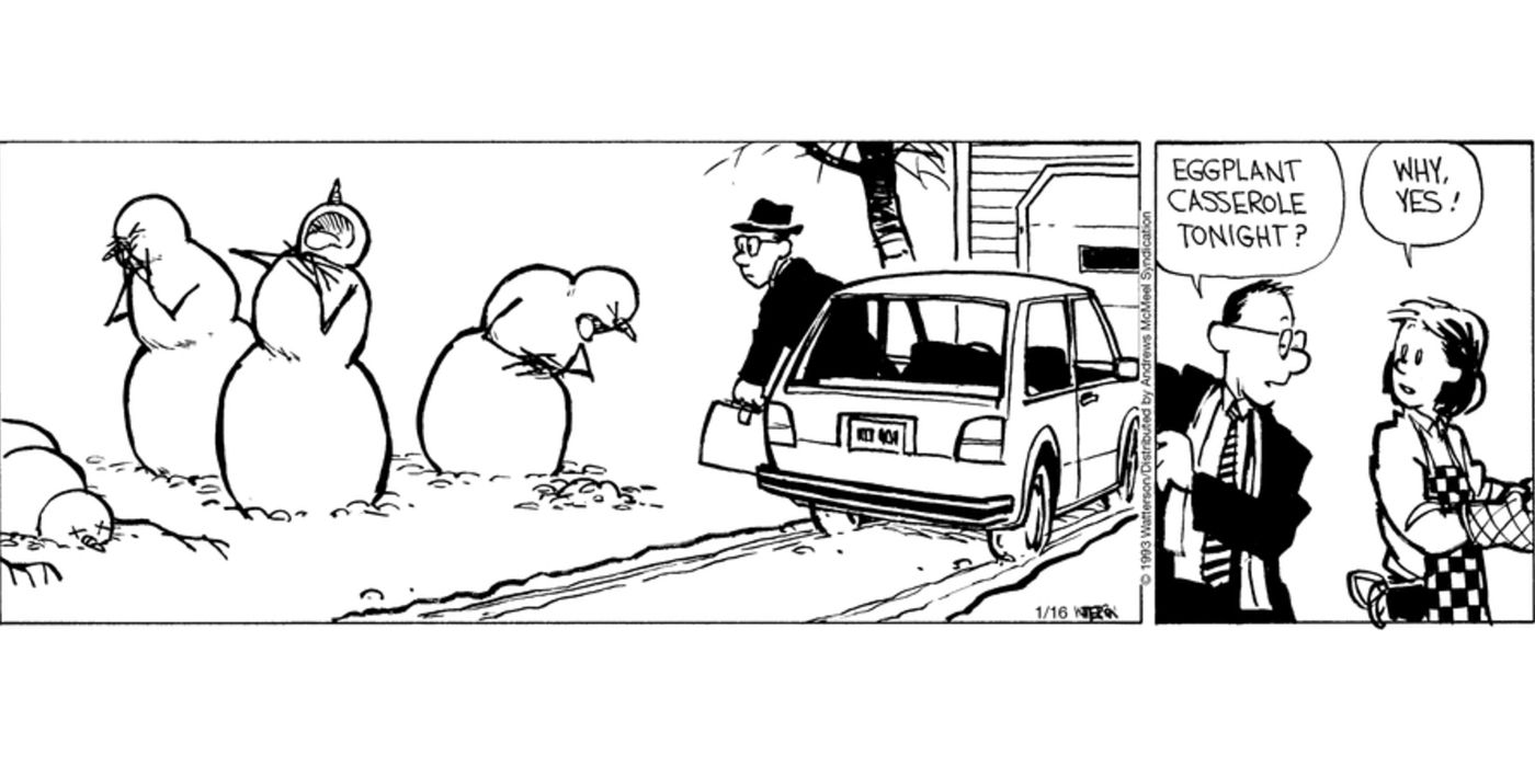 Los muñecos de nieve de Calvin informan a su padre sobre la elección de su madre para la cena de esa noche en Calvin & Hobbes.