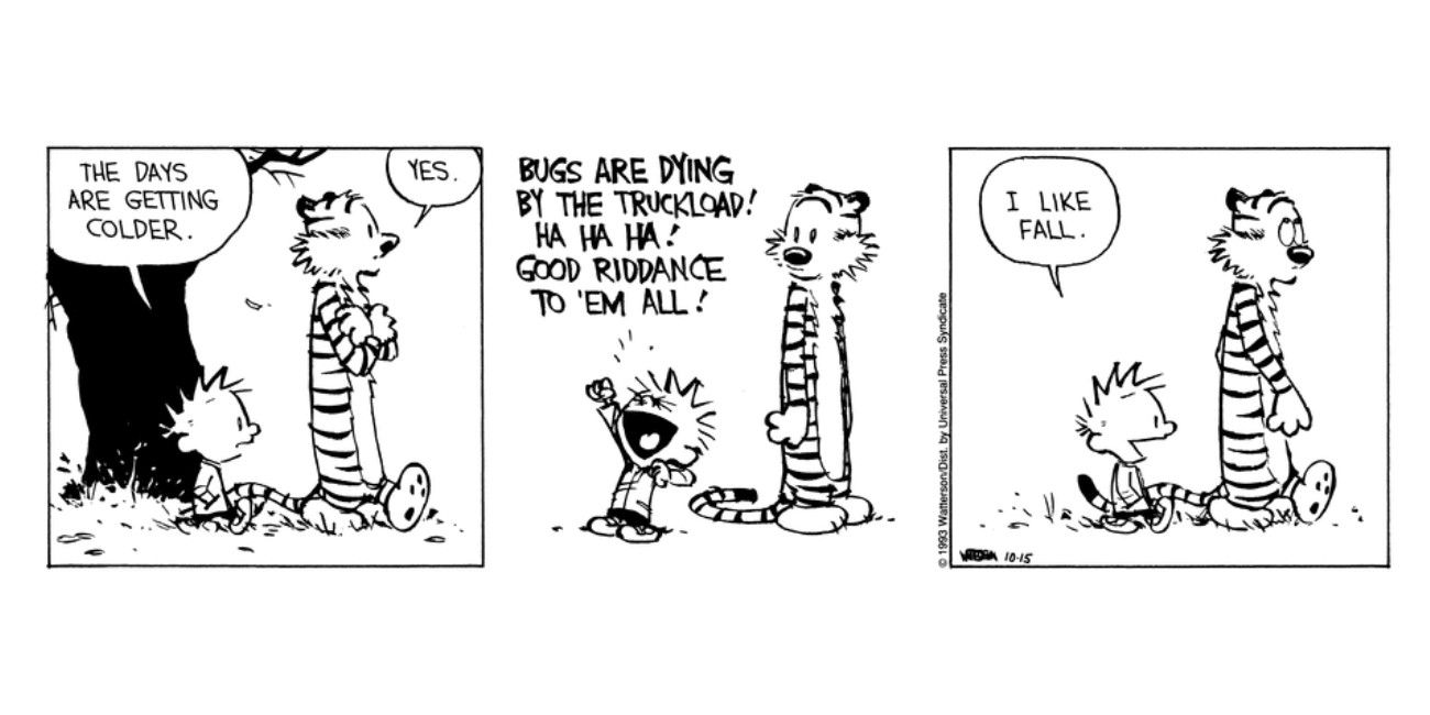 Calvin muestra pura malicia hacia los insectos en Calvin & Hobbes.