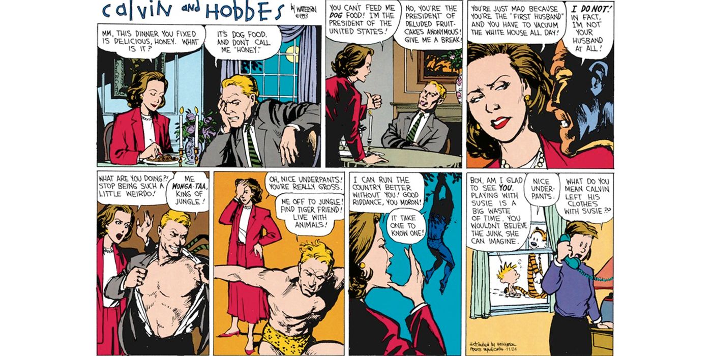 Calvin y Susie interpretan el papel del marido del presidente y del presidente, respectivamente, en Calvin & Hobbes.