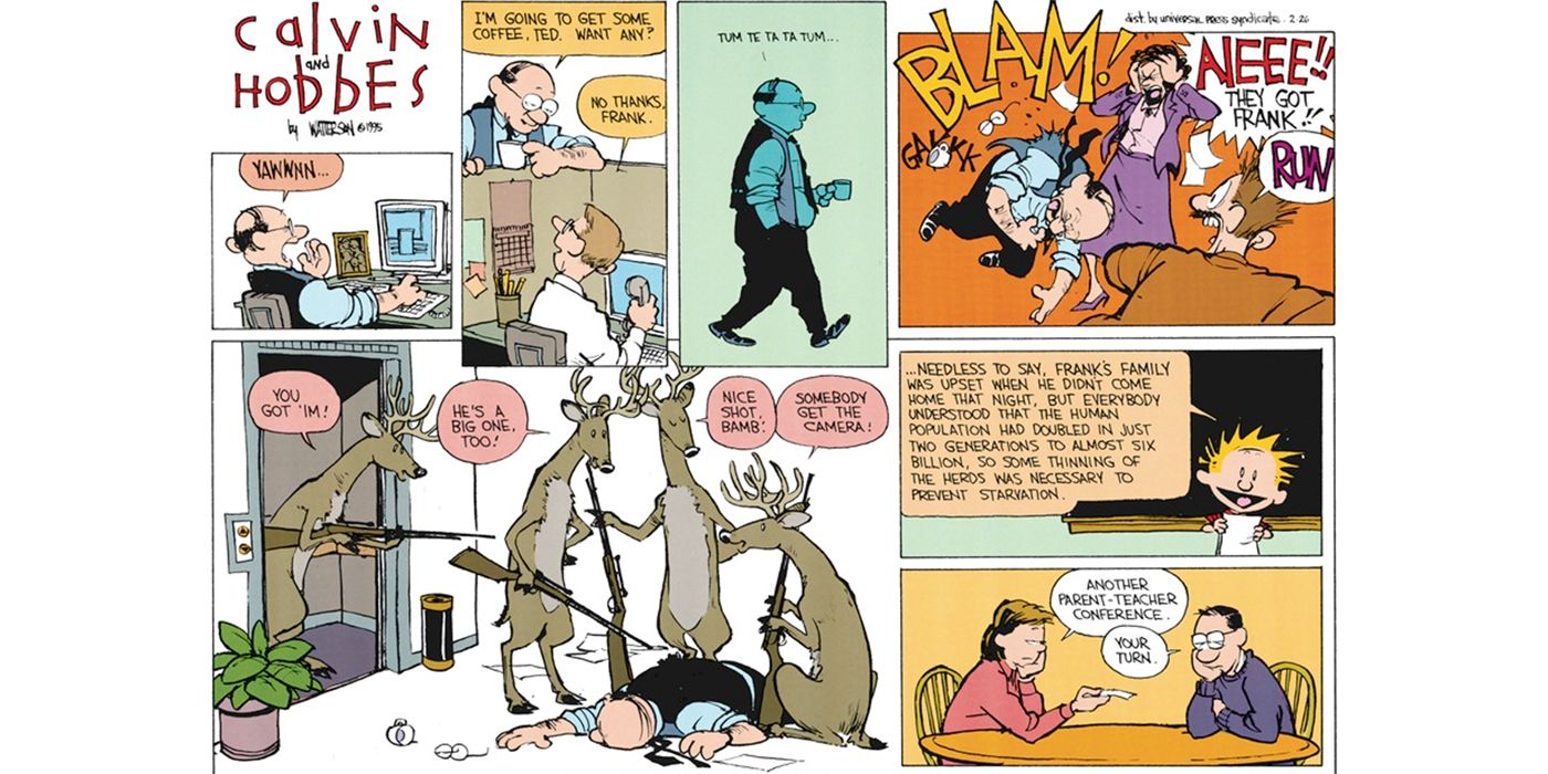 Calvin cuenta una historia sobre cazadores de ciervos frente a su clase en Calvin & Hobbes.
