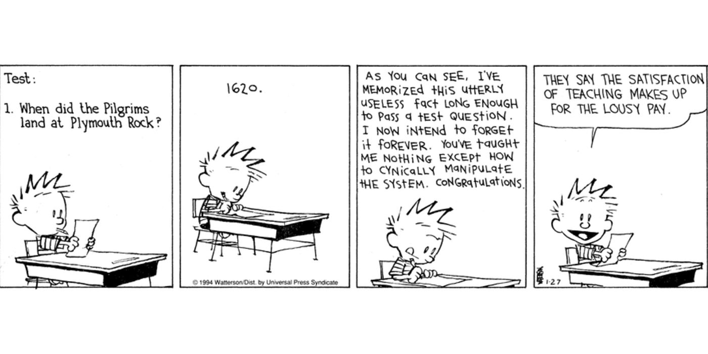 Calvin tiene una respuesta elaborada a una pregunta de un examen de historia en Calvin & Hobbes.