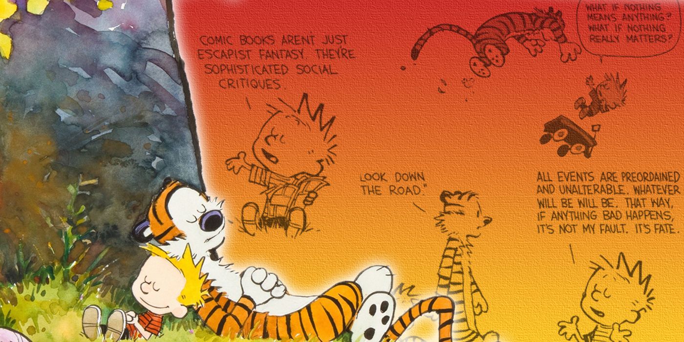 Calvin y Hobbes duermen bajo un árbol con cómics de fondo