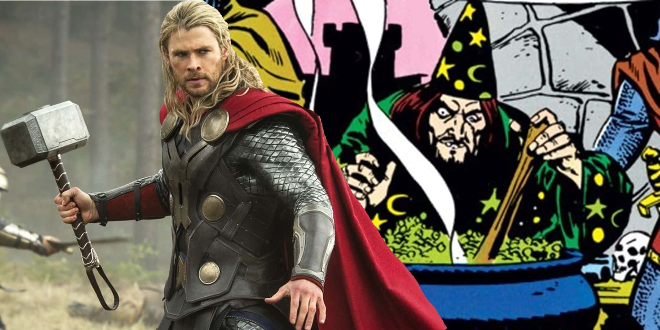 Thor y un personaje que se hace pasar por Merlín