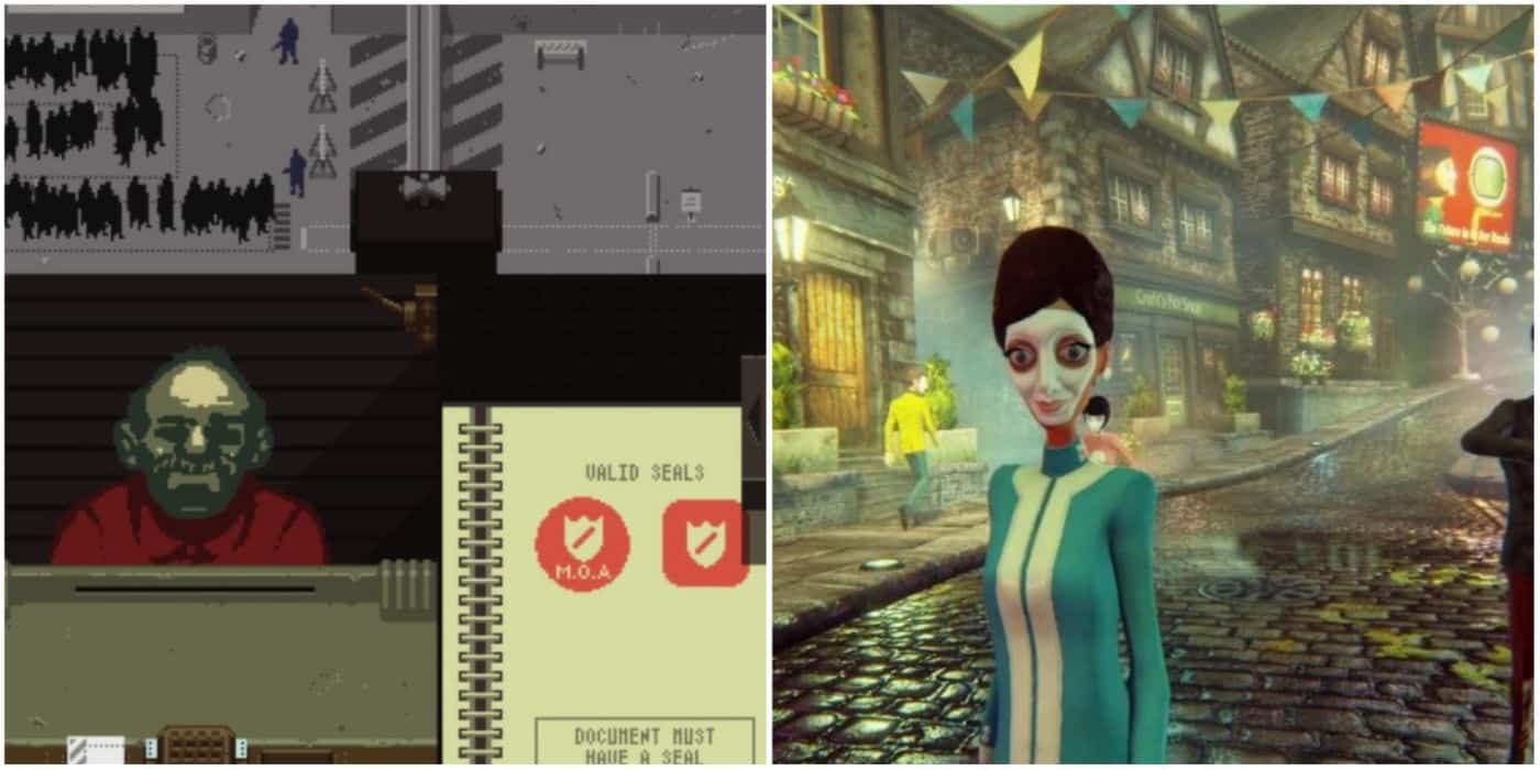 Una imagen dividida que muestra la oficina de inmigración en Papers, Please y la ciudad de Wellington Wells en We Happy Few.