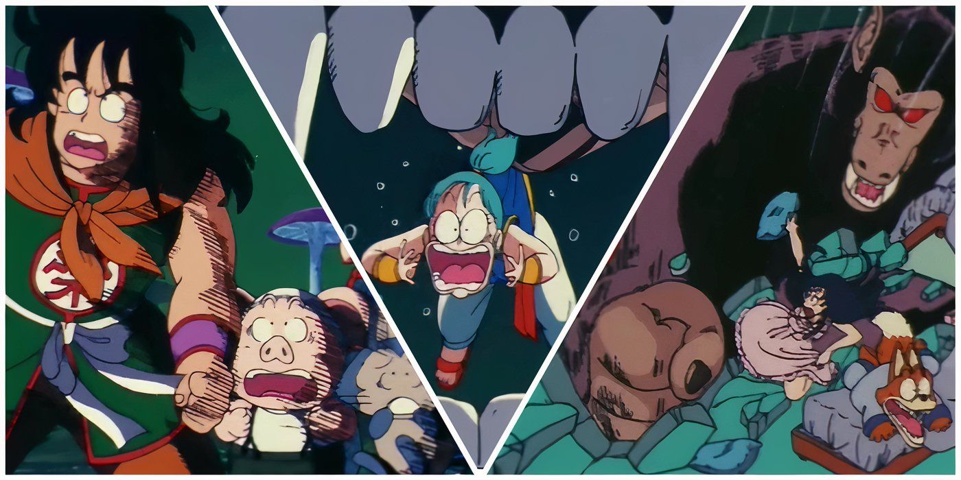 Yamcha con los espectadores, Bulma a punto de ser devorada y el Gran Simio Goku estrellándose en el episodio 13 de Dragon Ball.
