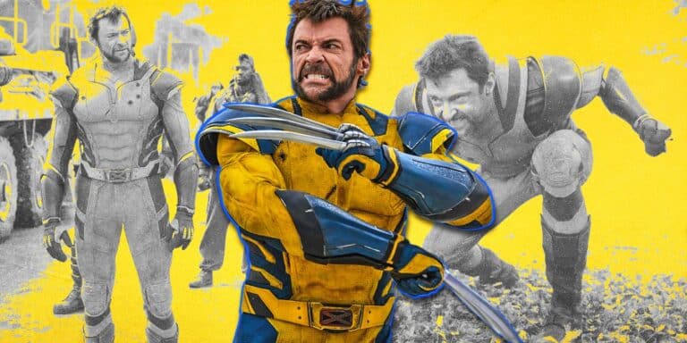 Wolverine, played by Hugh Jackman, has his claws extended and is wearing the classic yellow and blue Wolverine costume while behind him are more images of him as Wolverine in grayscale.