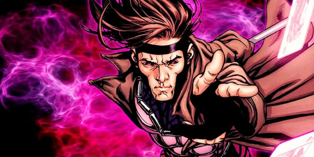 X-Men Gambit throwing cards in front of red and purple flames in Marvel Comics.