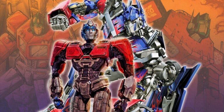 Collage de Orion Pax de Transformers One y Optimus Prime de películas y cómics