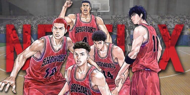 Shohoku team from the first Slam Dunk anime film stands in front of the Netflix logo