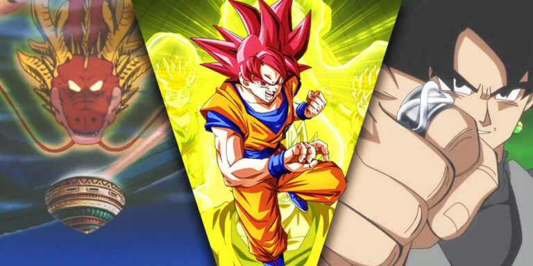 Split image of Ultimate Shenron, Saiyan God and Goku Black with Time Ring