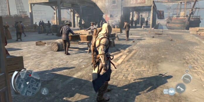 Connor se encuentra en la calle durante el juego Assassin's Creed 3.