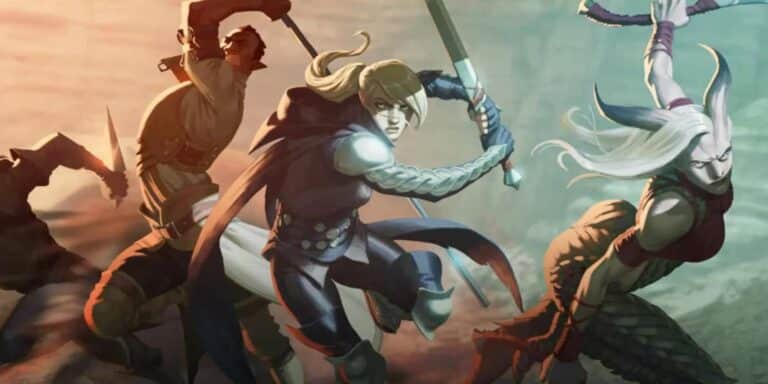 Dragon Age 4 concept art showing four characters fighting.