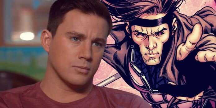 Split: Channing Tatum de 21 Jump Street frente a una foto de Gambit de Marvel Comics