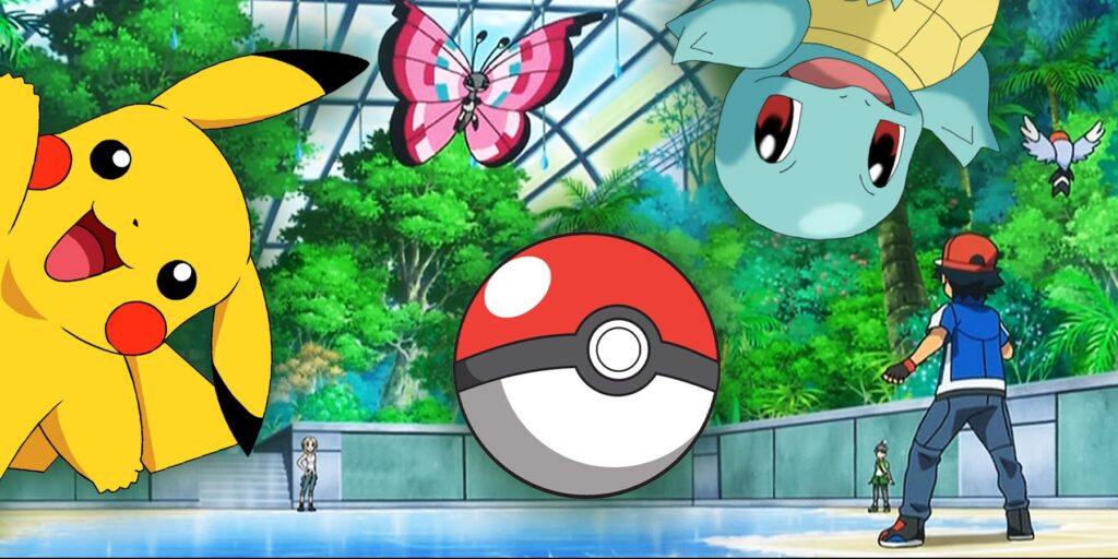 Squirtle, Ash y Pikachu en una arena Pokémon