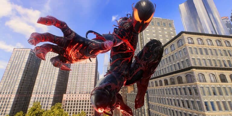 Carnage Miles Morales walks towards the camera in Marvel's Spider-Man 2