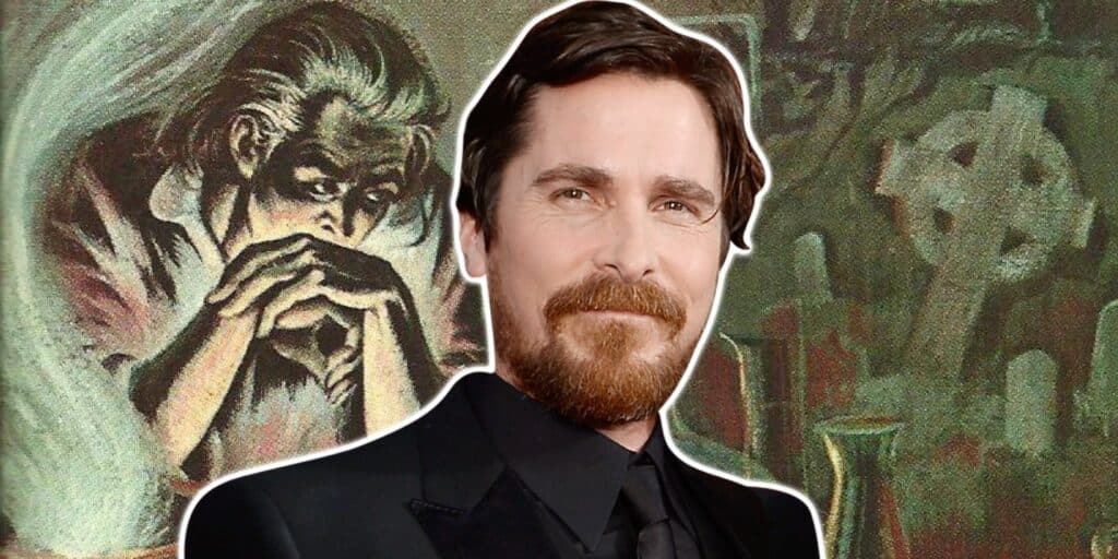 Christian Bale con la ilustración de la novela Frankenstein de Mary Shelley