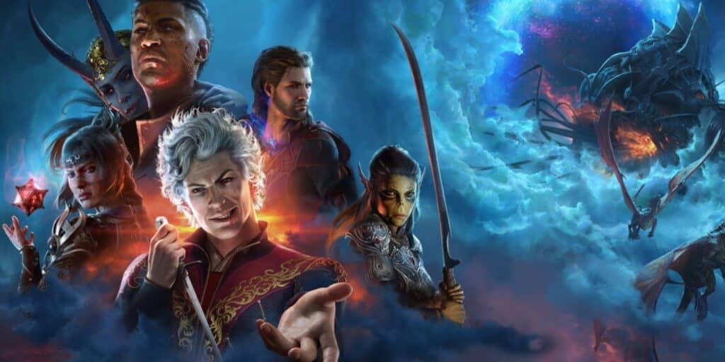 Arte clave de Baldur's Gate 3 que presenta un collage del elenco original y el Nautiloid invasor de fondo.