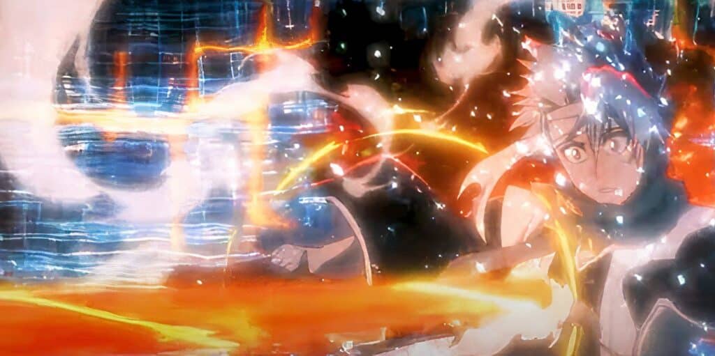 Bazz-B dispara una ráfaga de fuego a través del cuerpo de Toshiro Hitsugaya en Bleach: The Thousand-Year Blood War.