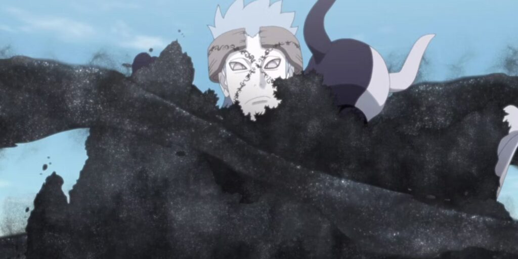 Urashiki luce severo mientras lucha contra Shinki y Boruto.