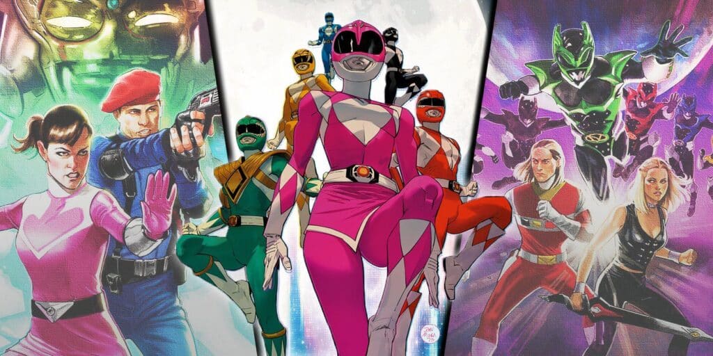 Imagen dividida de Power Rangers Comics con personajes de las diferentes series de televisión.