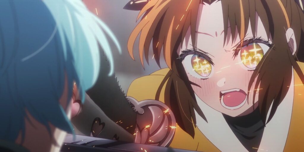 Kana Arima screams while attacking Aqua's character with swords in Oshi no Ko.