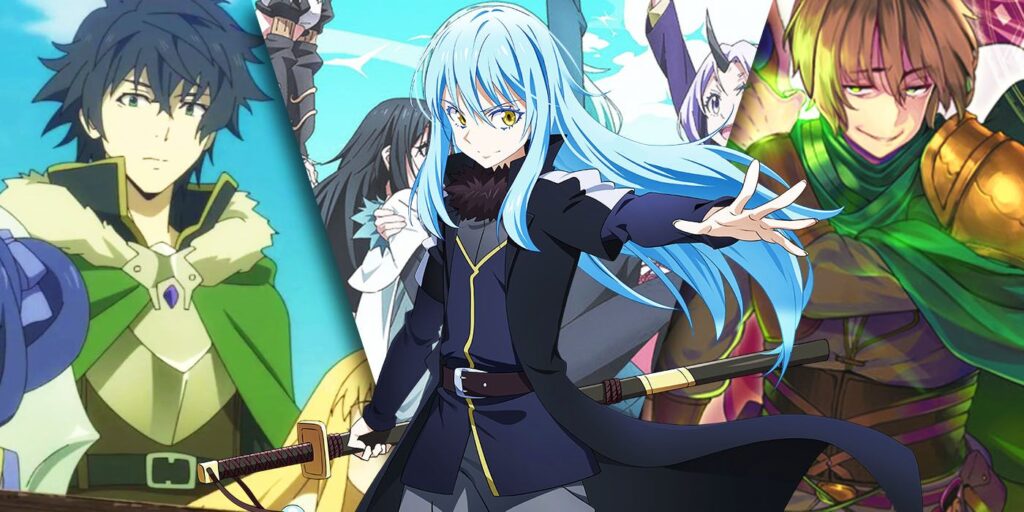 Imagen dividida de Naofumi, Rimuru y Keyarga.