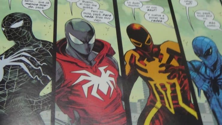 The 5 Spider Uniforms from the third volume of Ultimate Spider-Man