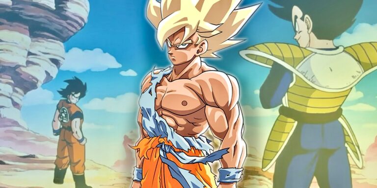 Goku SSJ in front of Vegeta fighting Goku in the Saiyan Saga of DBX