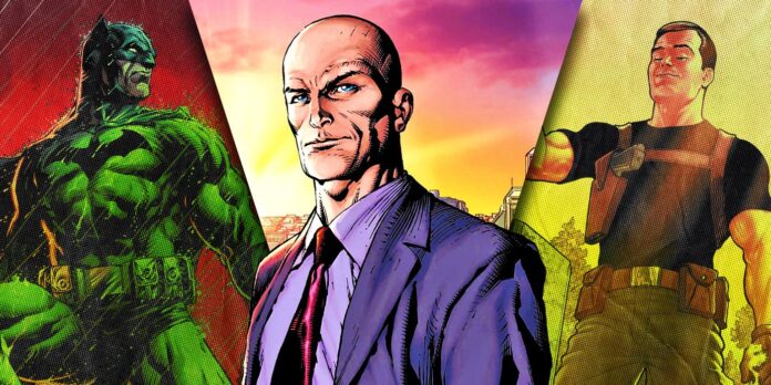 Separate images of Batman, Lex Luthor and Maxwell Lord