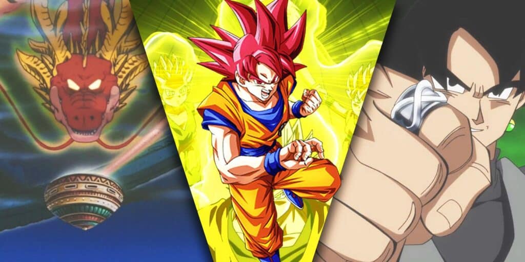 Imagen dividida de Ultimate Shenron, Saiyan God y Goku Black con Time Ring