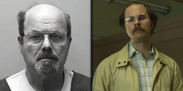 Primer plano en blanco y negro de la fotografía de identificación BTK de Dennis Rader junto a una fotografía de Rader en Mindhunter.