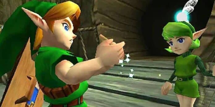 Link receiving the Fairy Ocarina from Saria in The Legend of Zelda Ocarina of Time.