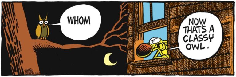 Grimm ve un búho elegante que dice quién