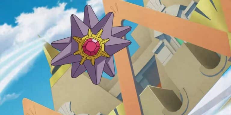 Starmie de Misty salta para atacar en el anime Pokémon.