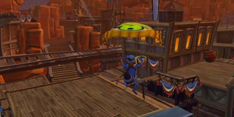 Sly Cooper usa su parapente para viajar de techo en techo en Sly Cooper: Thieves Through Time