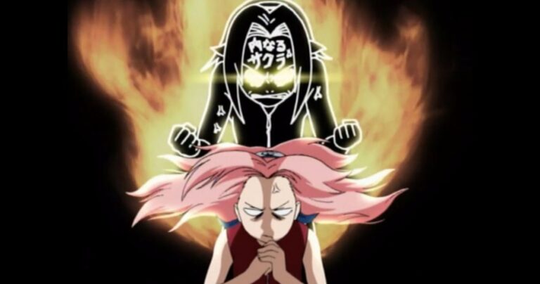 Sakura está enojada mientras que su sakura interior tiene ojos brillantes y fuego.
