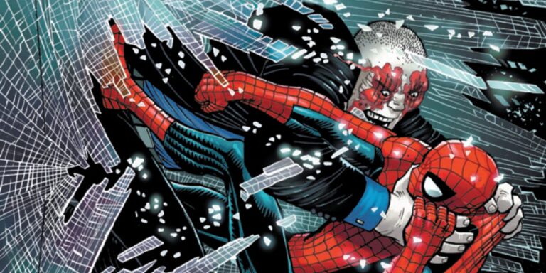 Increíble encabezado de portada de Spider-Man 59 con Spider-Man chocando contra el vidrio.
