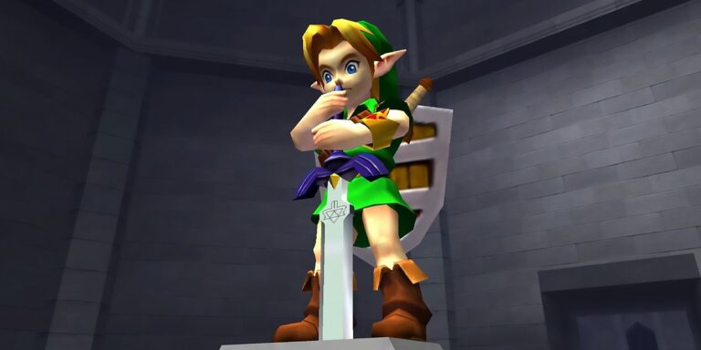 The Legend of Zelda: Ocarina of Time 3DS, young Link drawing the master sword in the Temple of Time