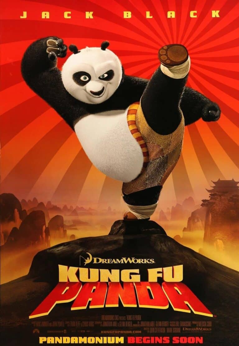 Poster for DreamWorks Animation's Kung Fu Panda showing the main character doing martial arts