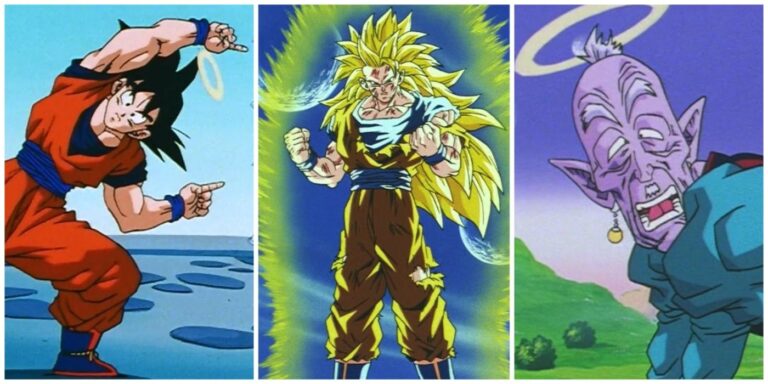 Una imagen dividida de Goku haciendo una danza de fusión, una transformación de Super Saiyan 3 y la muerte del Viejo Kai de Dragon Ball Z