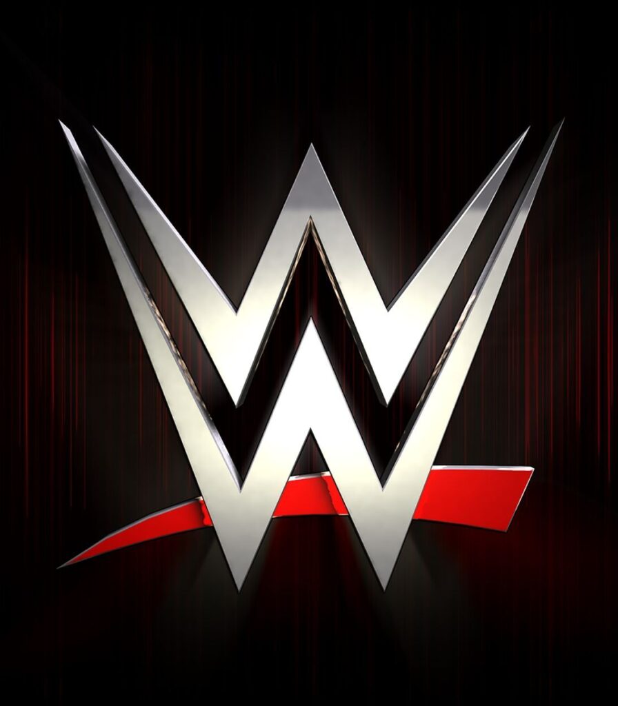 WWE logo with the silver double w on a black background with a red slash underneath